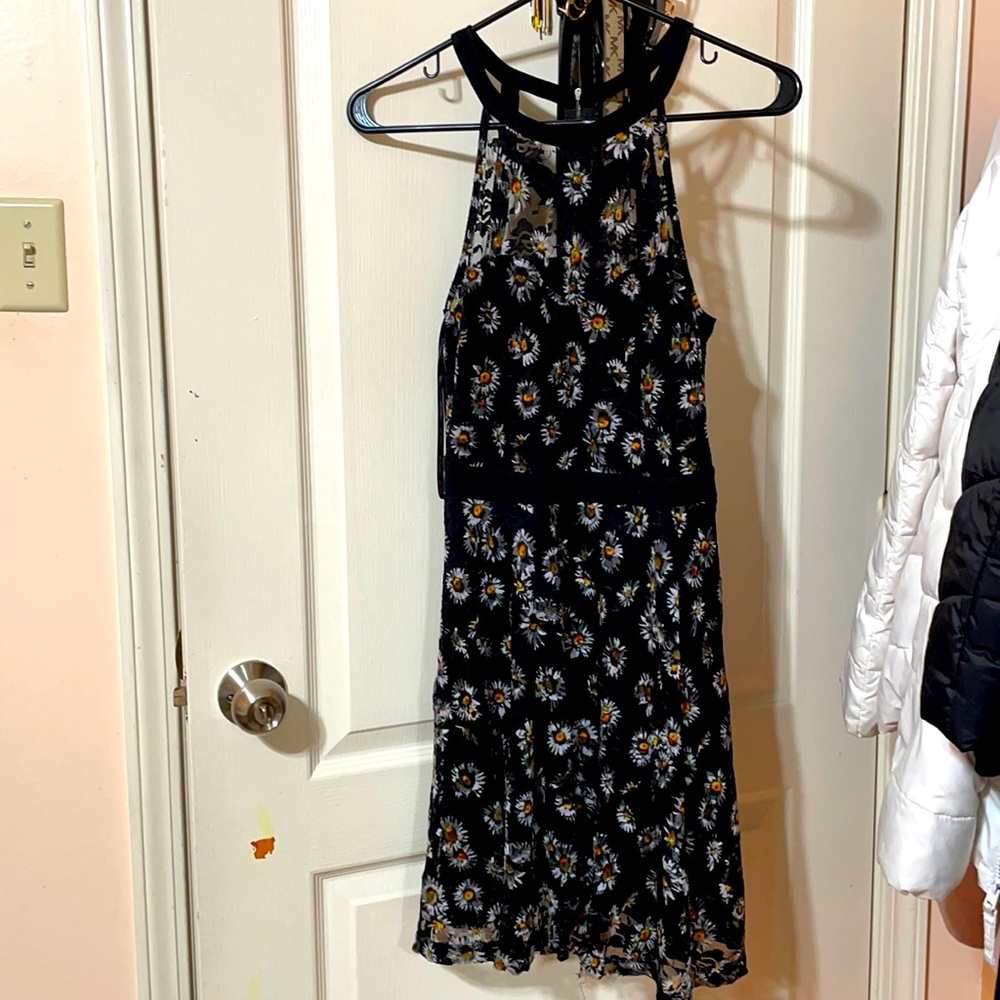 Black sunflower lace halter neck dress